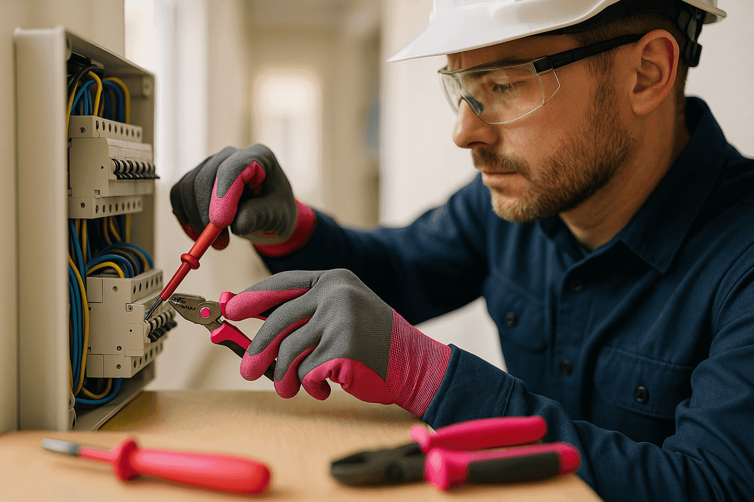 Electrician wearing PPE working on electrical wiring inside a well-lit panel