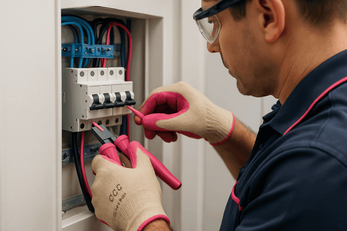 Close-up of electrician's gloved hands wiring a modern electrical panel